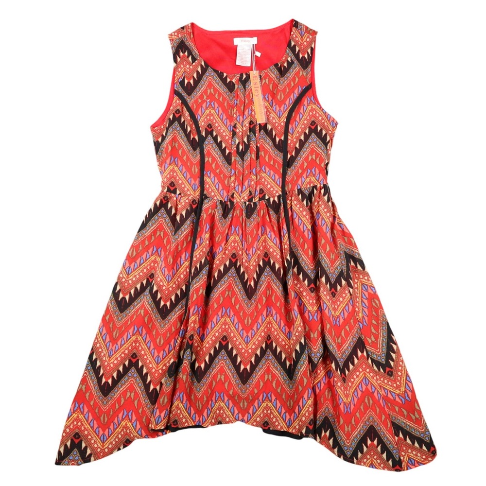 Esley Collection Chevron Tribal Print Dress Womens Small Red Handkerchief Hem